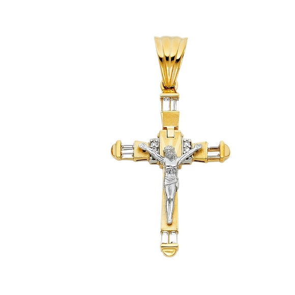 14K Two Tone CZ Religious Crucifix Pendant